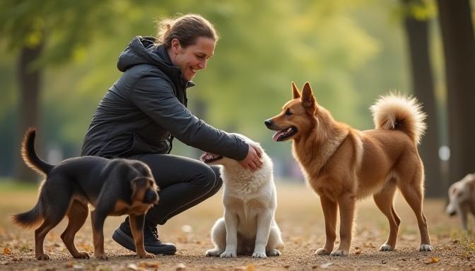 Éducateur canin avec un groupe de chiens dans un parc urbain