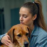 Éducatrice rassurante un chien anxieux